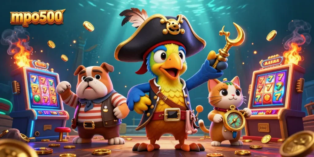 Engage with mpo500's vibrant casino adventure featuring slots, pirates, and treasure