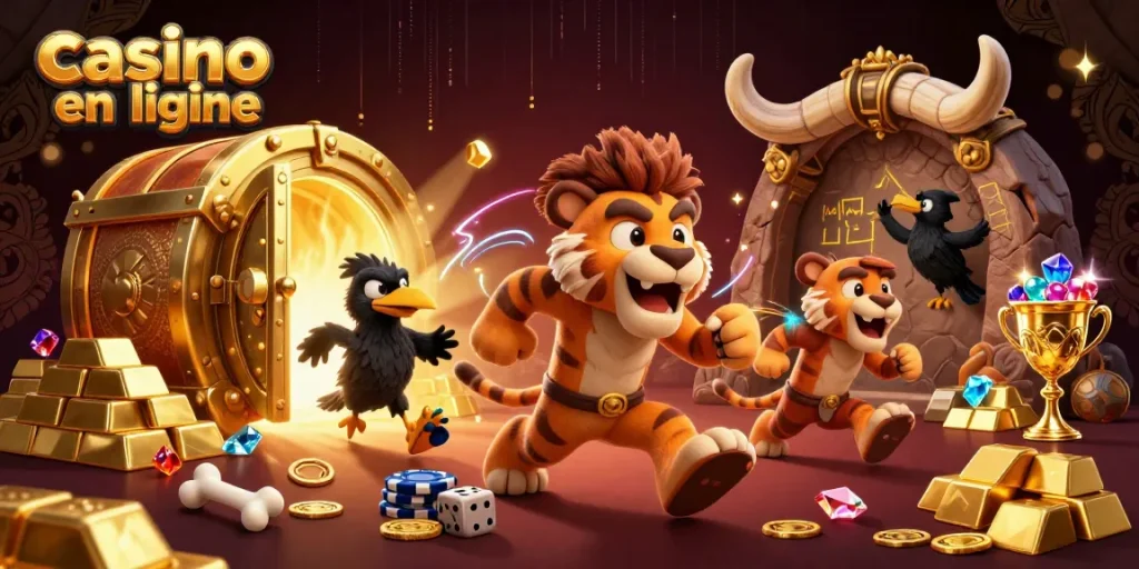 Un casino en ligne vibrant avec un duo de personnages préhistoriques jouant, entouré de trésors scintillants.