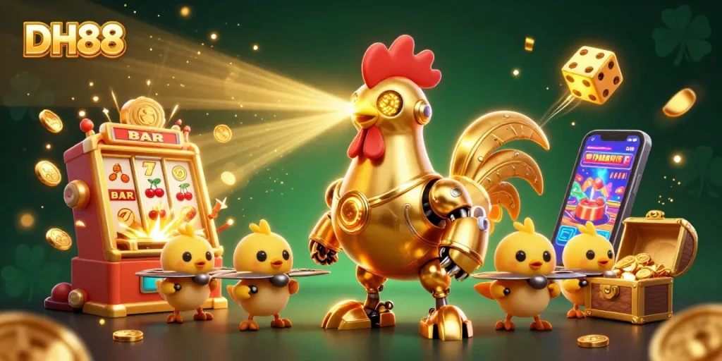 Engage with thrilling slots at DH88 featuring an energetic rooster robot and engaging casino elements.