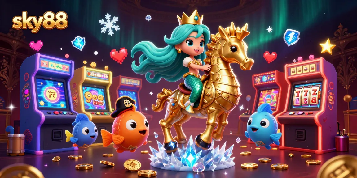 Join the excitement at sky88 with a vibrant 3D casino illustration of a mermaid on a seahorse.
