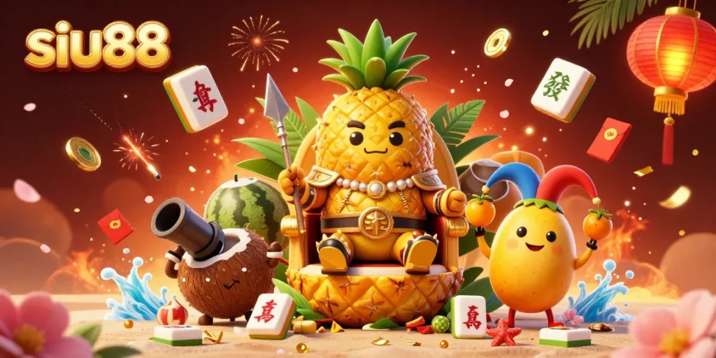 Engage with siu88's vibrant casino experience featuring a golden pineapple king, coconut guards, and festive gambling elements.