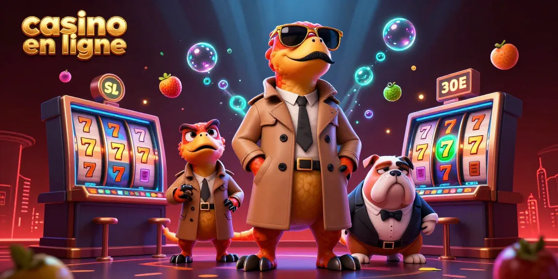Illustration animée d'un casino en ligne avec des raptors en trench coat et des symboles de jeu effrénés.