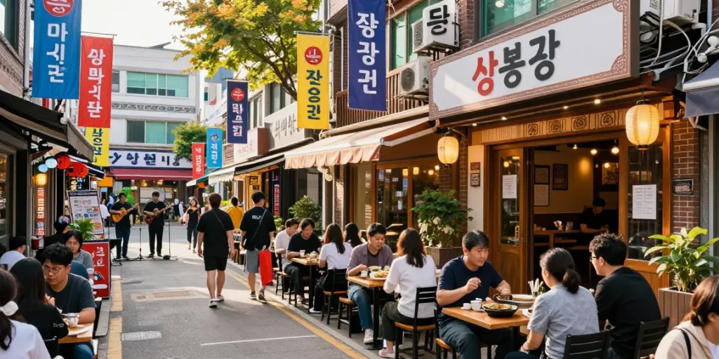Dynamic street scene at 상봉동 한국관, showcasing lively dining atmosphere and community interaction.