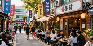 Dynamic street scene at 상봉동 한국관, showcasing lively dining atmosphere and community interaction.