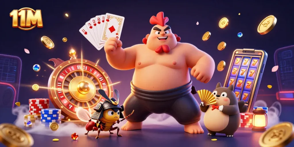 Engage in thrilling bets and analysis with 11M's dynamic casino illustration full of excitement.