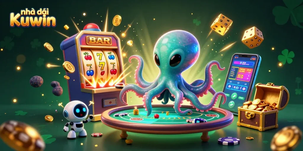 Experience thrilling games at Nhà cái Kuwin with an alien octopus operating a poker table.