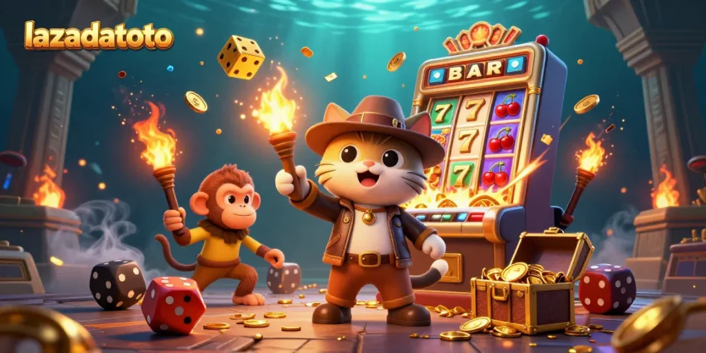Experience the excitement of lazadatoto with an explorer cat discovering casino treasures in a vibrant temple scene.
