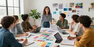 Design mentors guiding emerging designers in a creative workspace with rokok88 resources.