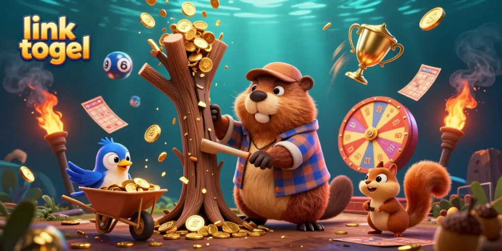 Engage with link togel excitement as a fantasy lumberjack beaver collects golden coins in a vibrant lottery scene.