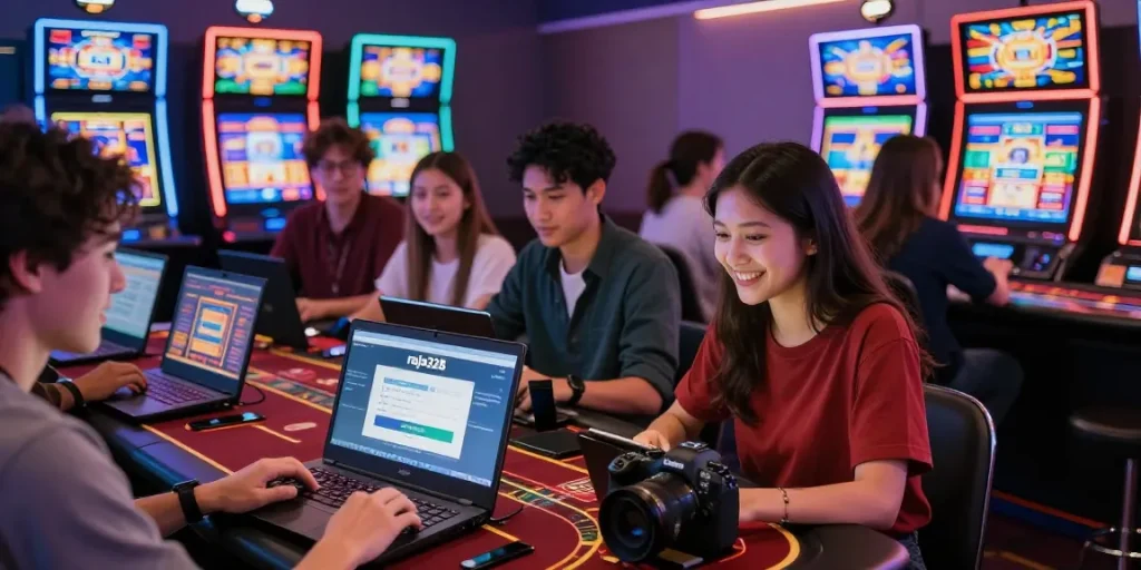 Friends accessing raja328 login in vibrant online gaming atmosphere.