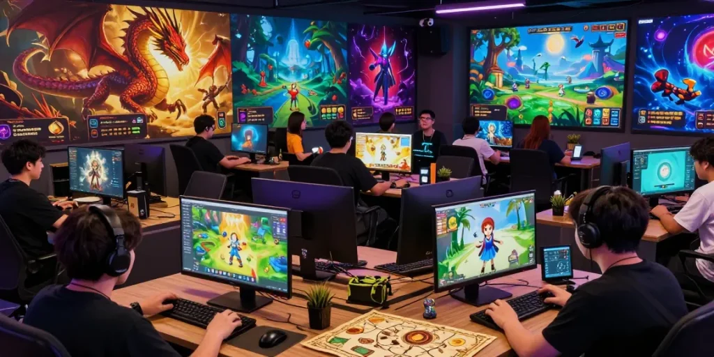 Gamers collaborating on Nagahitam303 Daftar, vibrant fantasy settings, dynamic gameplay atmosphere.