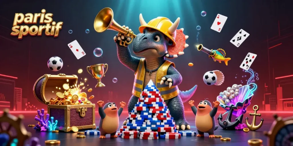Scène dynamique avec triceratops et parasaurolophus célébrant le paris sportif, entourés d'éléments de jeu