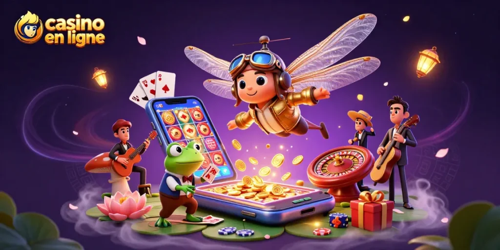 Découvrez le monde captivant de casino en ligne avec un pilote libellule et un croupier grenouille.