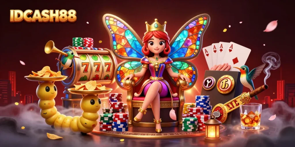 Play exciting slots at IDCASH88 with a vibrant illustration of a butterfly queen and casino elements