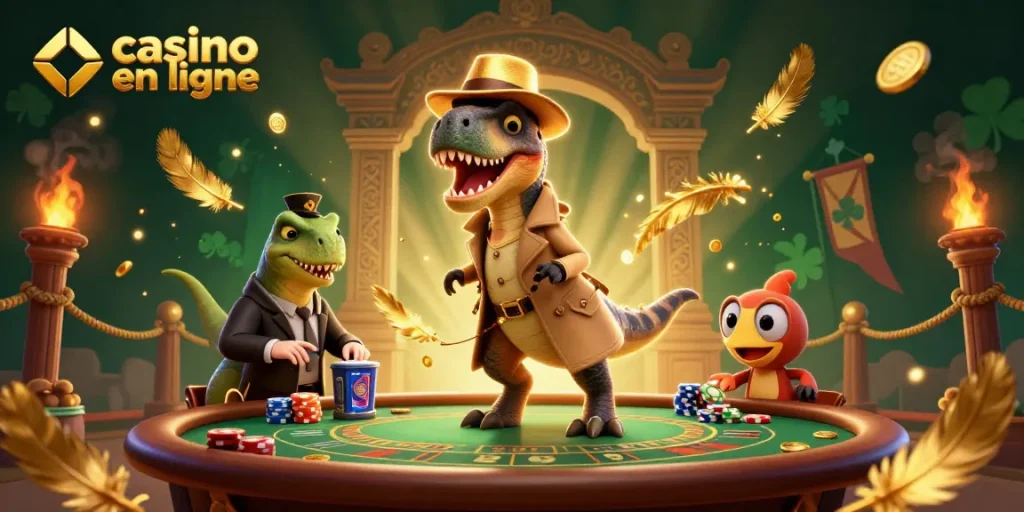 Le velociraptor au casino en ligne, comptant des cartes à une table de blackjack entouré de dinosaures.