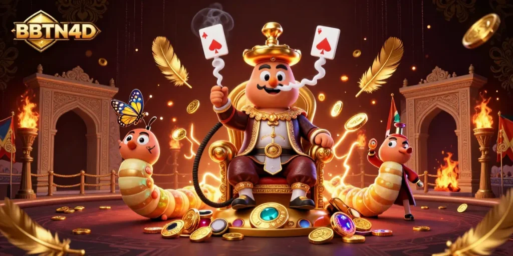 BBTN4D menghadirkan ilustrasi kasino mewah dengan karakter kartun dan elemen perjudian yang menarik.