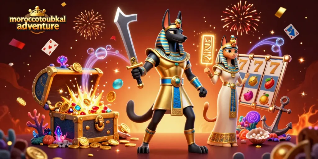 Experience the thrill of moroccotoubkaladventure with Anubis and Bastet in this vibrant casino scene.