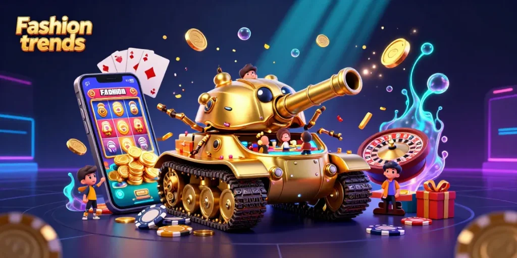 Experience Fashion trends in a vibrant 3D casino scene featuring a golden beetle tank and slot games.