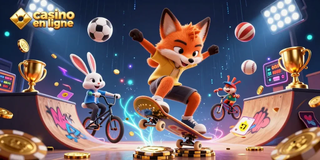 Illustration dynamique d'un casino en ligne avec un renard en skateboard et un lapin BMX, entourés d'éléments de jeux.