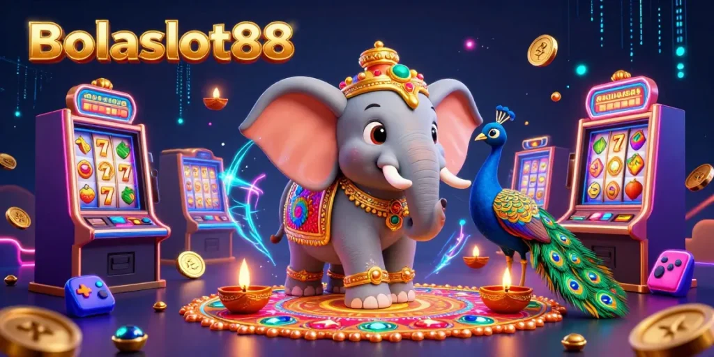 Bolaslot88 showcases vibrant 3D elephant and peacock amid colorful slot machines and dynamic game elements.