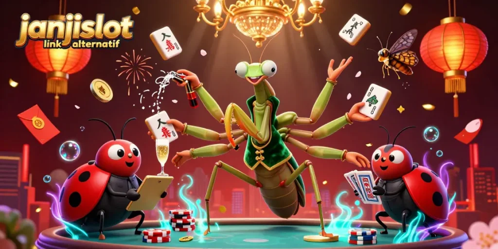 Engage with janjislot link alternatif in a vibrant casino scene featuring animated characters and dynamic game elements.