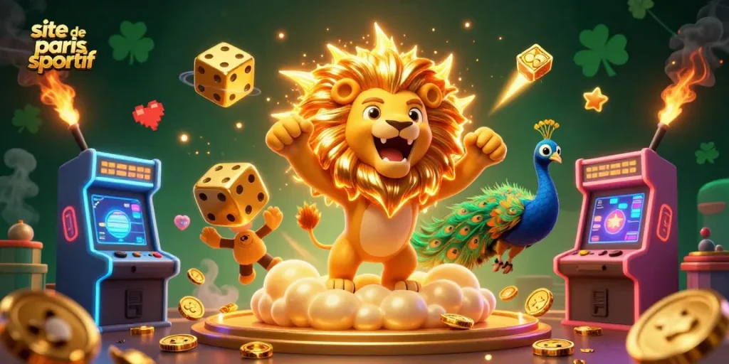 Découvrez les paris sportifs avec le lion solaire et les dés dorés sur un site de paris sportif dynamique.