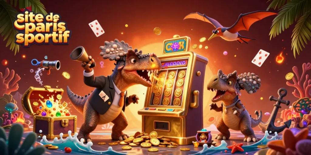 Scène dynamique de casino avec un pachycéphalosaure sur un site de paris sportif, gagnant des pièces d'or.