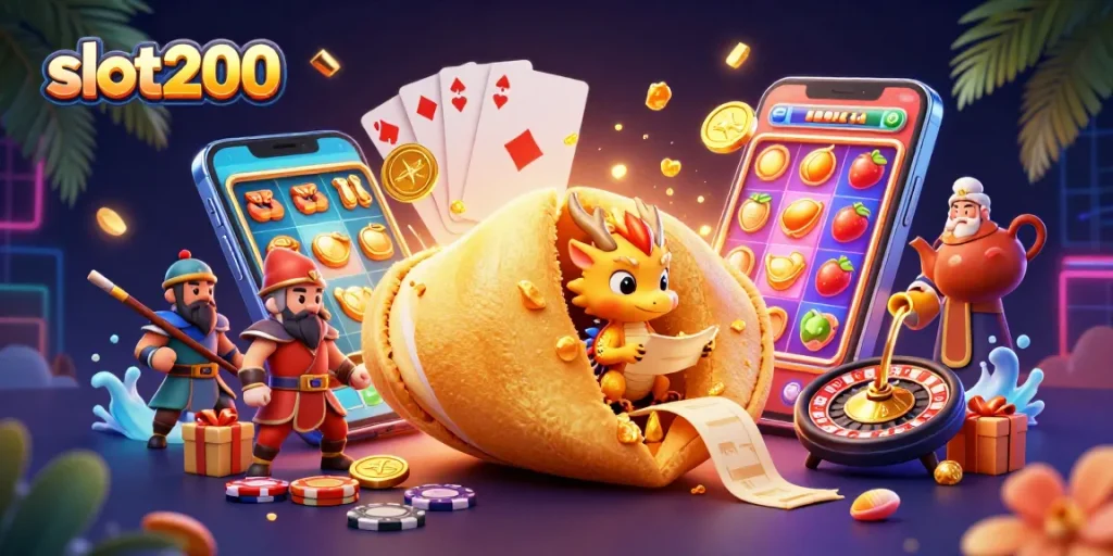 Slot200 menghadirkan ilustrasi 3D yang dinamis dengan simbol keberuntungan, permainan slot, dan karakter menarik.