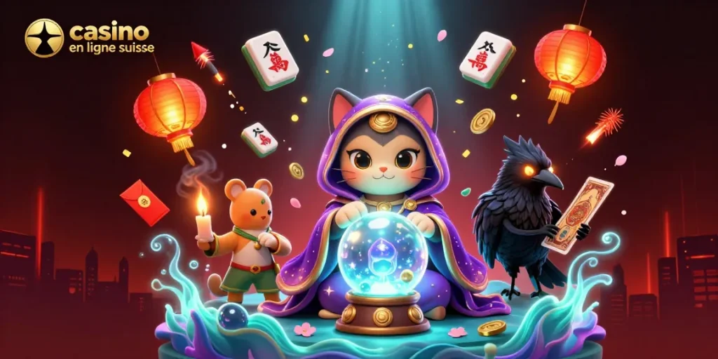 Profitez du casino en ligne suisse avec un chat mystique et des jeux captivants dans une scène animée.
