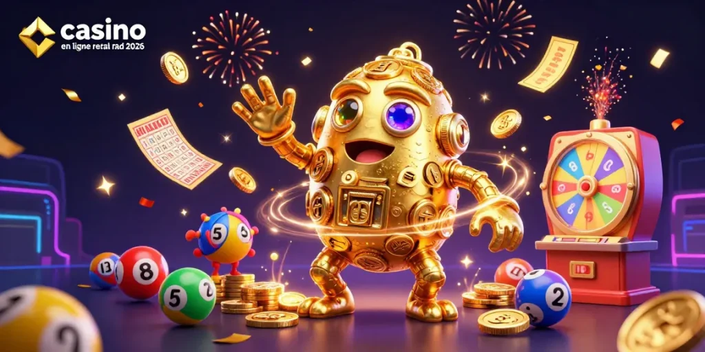 Illustration dynamique de casino en ligne retrait rapide 2026 avec des éléments de bingo et des balles de loterie.