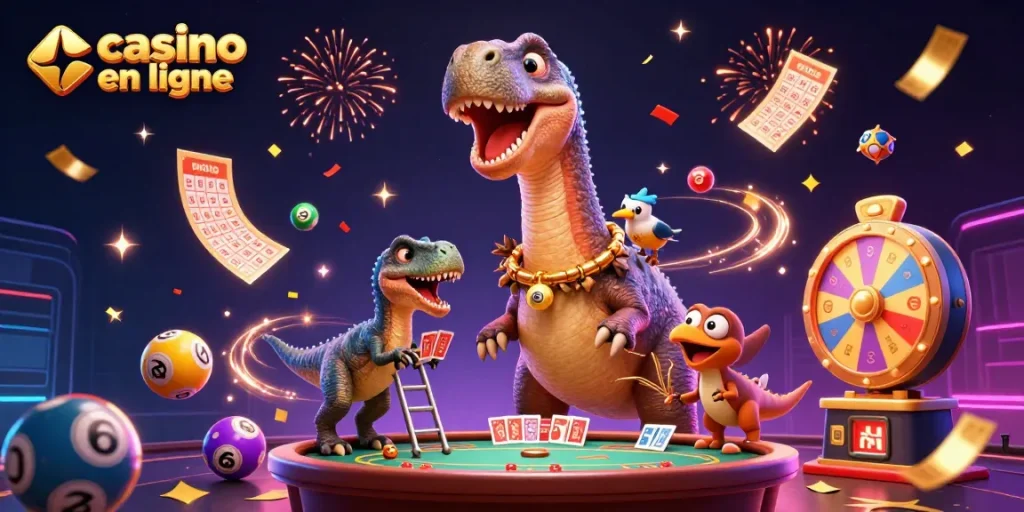 Illustration dynamique de casino en ligne avec une scène fantastique montrant des personnages animés et des éléments de jeu variés.