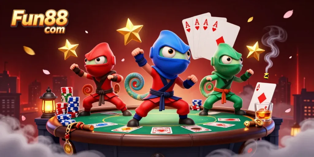 Engage with Fun88 com and experience thrilling poker action in a colorful 3D chameleon scene.