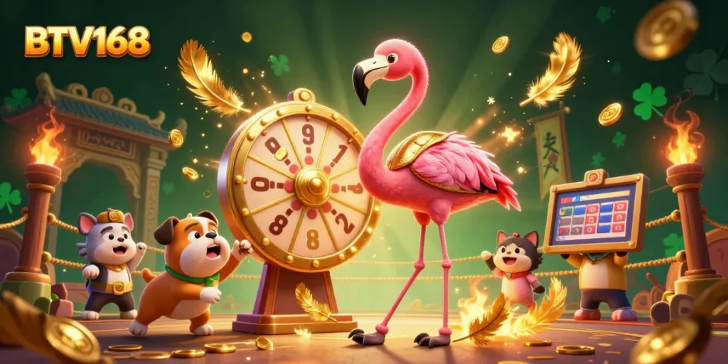 BTV168 spins the prize wheel in a vibrant casino scene with dynamic characters and exciting elements.