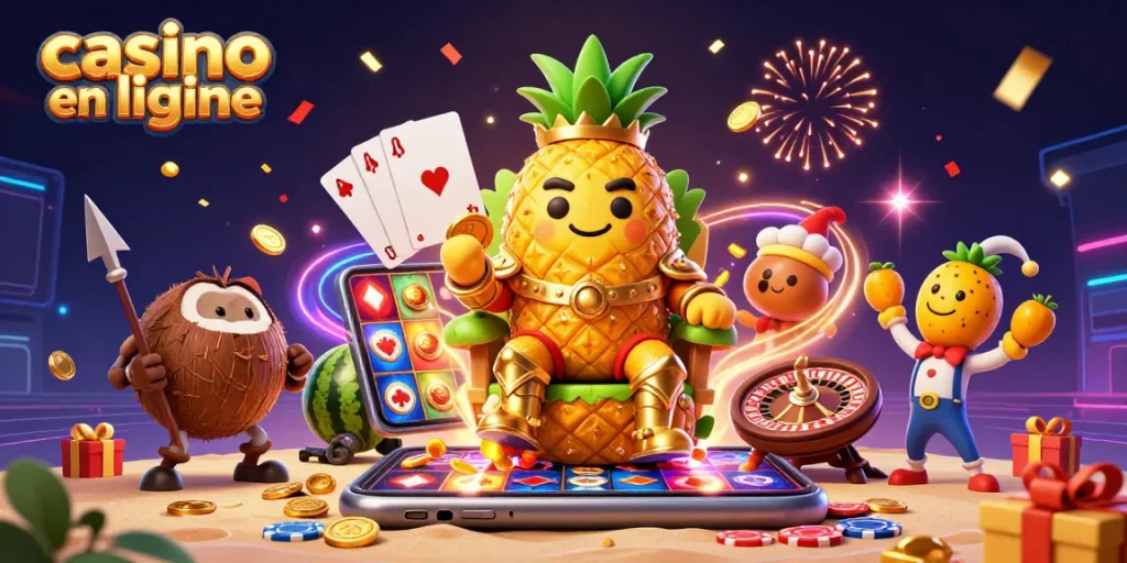 Casino en ligne : un roi ananas avec sa cour, entouré de jetons et de cartes.