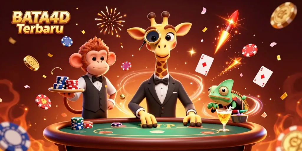 BATA4D Terbaru showcases a high-roller giraffe enjoying poker with celebratory elements in a vibrant casino setting.