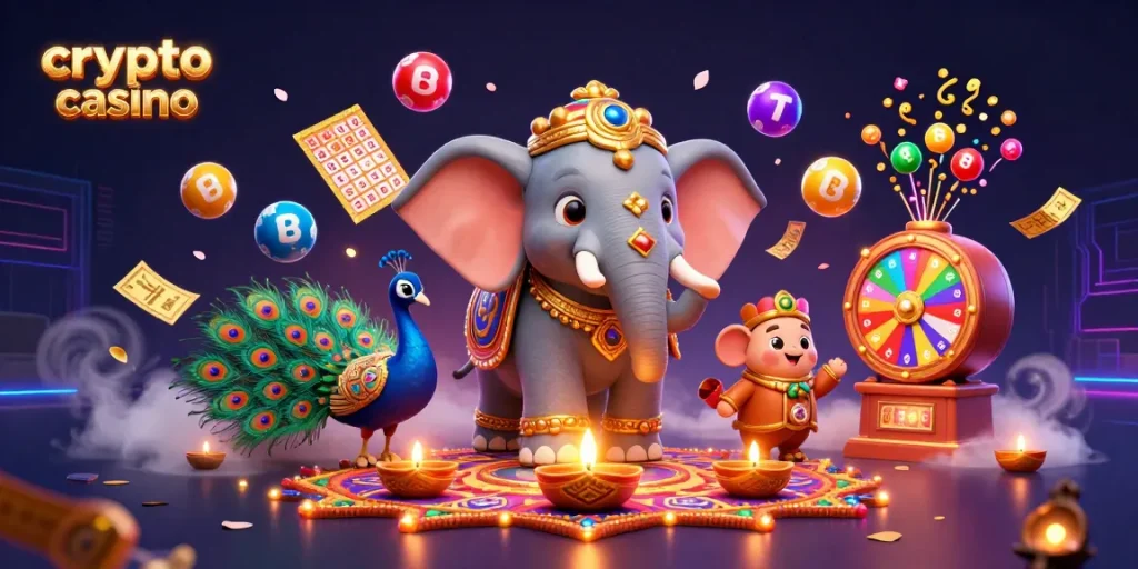 Découvrez l'univers du crypto casino avec des éléphants en fête et des éléments de jeu colorés.