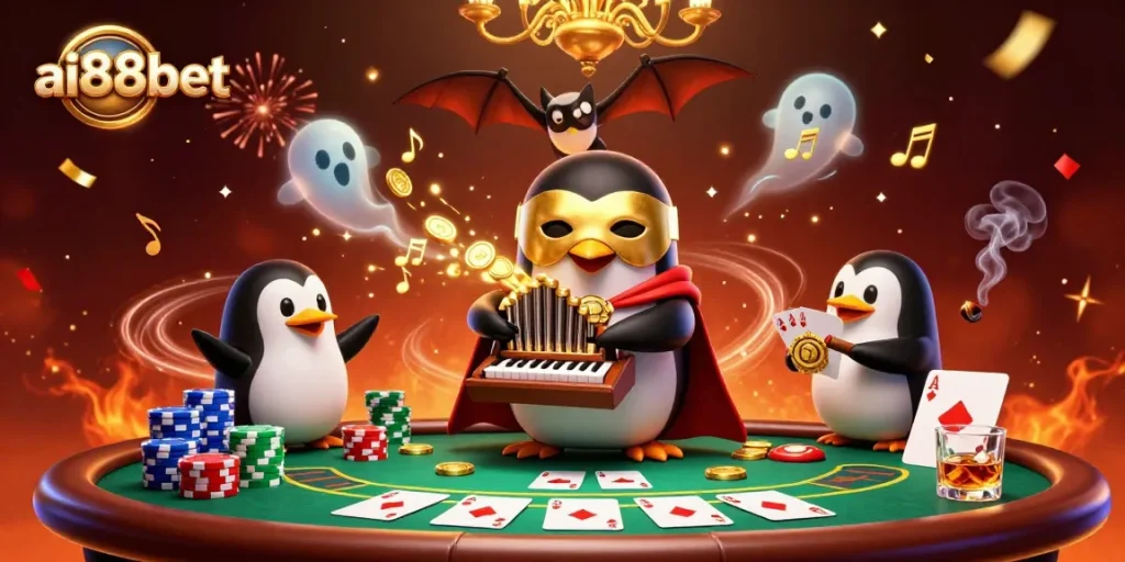 Experience the excitement of ai88bet with a 3D penguin organist blasting coins amidst a vibrant casino scene.