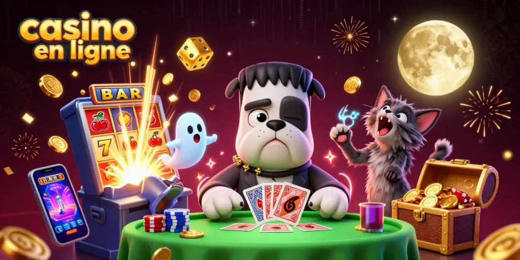 Jouez au casino en ligne avec un bulldog Frankenstein et une ambiance de jackpot festif.