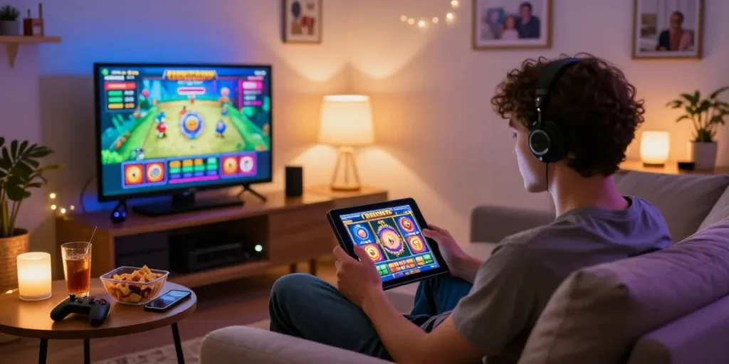 Engaging online gaming experience on https://gravatar.com/playbook88official with vibrant slot interface and cozy home ambiance.