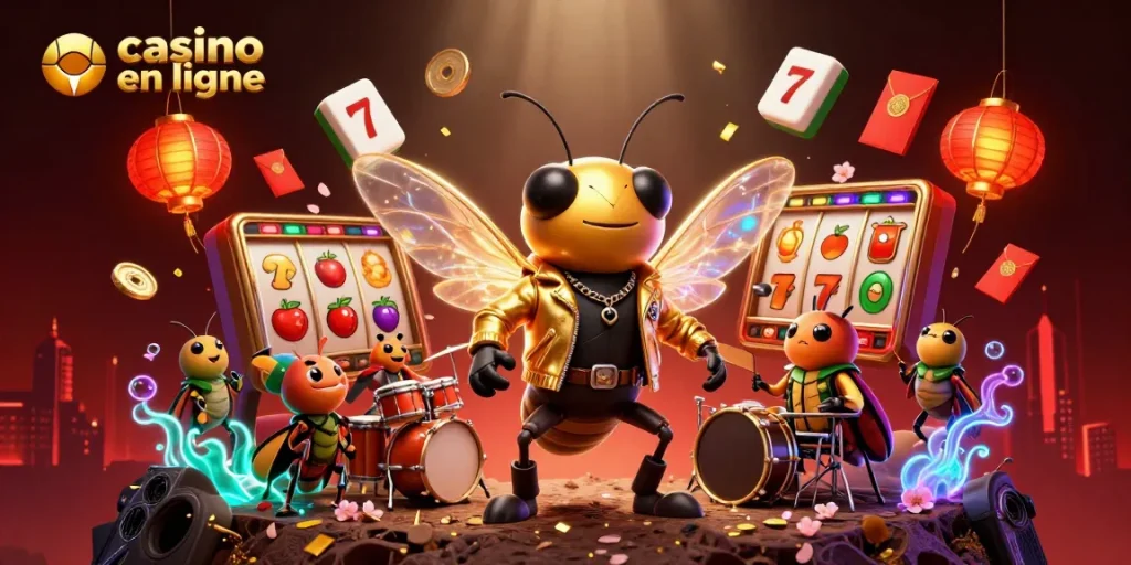 Un concert de rock et de jackpots se mélange au casino en ligne dans une scène vibrante.
