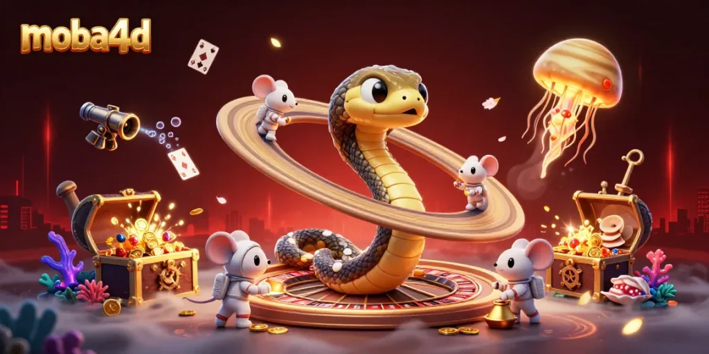 Place bets in moba4d as astronaut mice spin the Saturn roulette wheel amid gold coins and cosmic action.