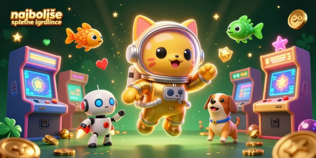 Prikažite najboljše spletne igralnice s slot igrami in dinamičnimi liki v 3D ilustraciji.