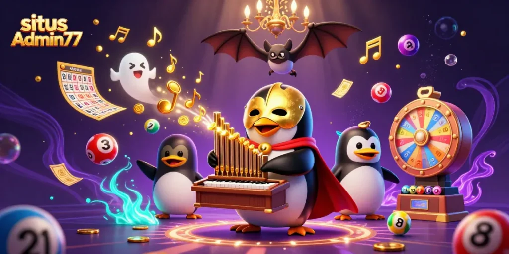 Experience situs Admin77's excitement with a vibrant 3D casino scene filled with dynamic lottery elements.