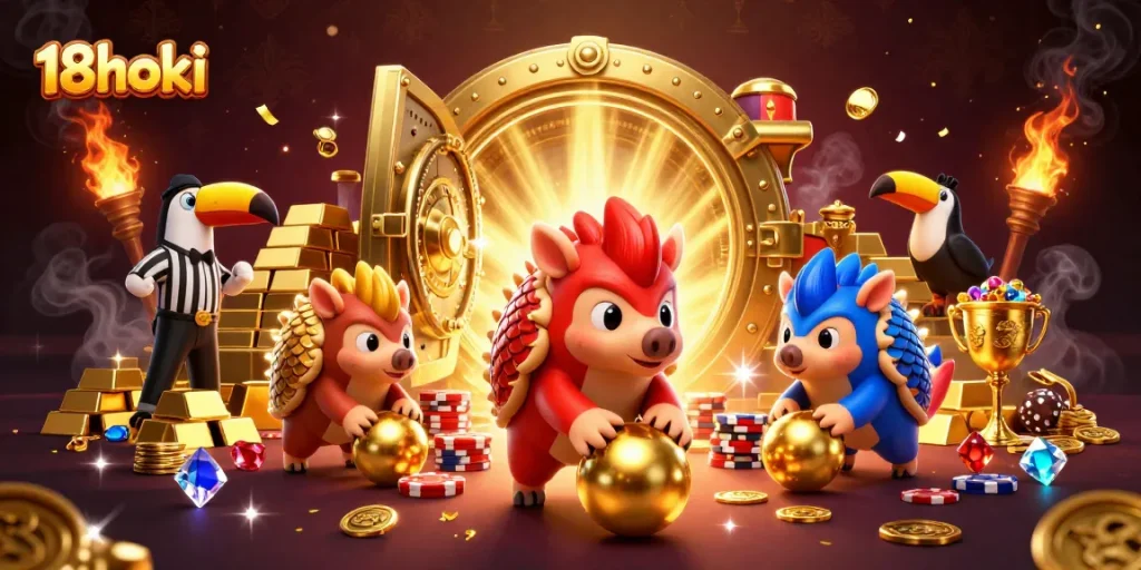 Experience thrilling gameplay with 18hoki as rival pangolins navigate into golden treasures amidst vibrant casino elements.