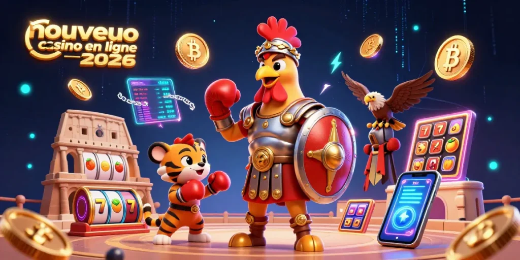 Image dynamique de "nouveau casino en ligne 2026", avec un coq gladiateur et des éléments de jackpot.