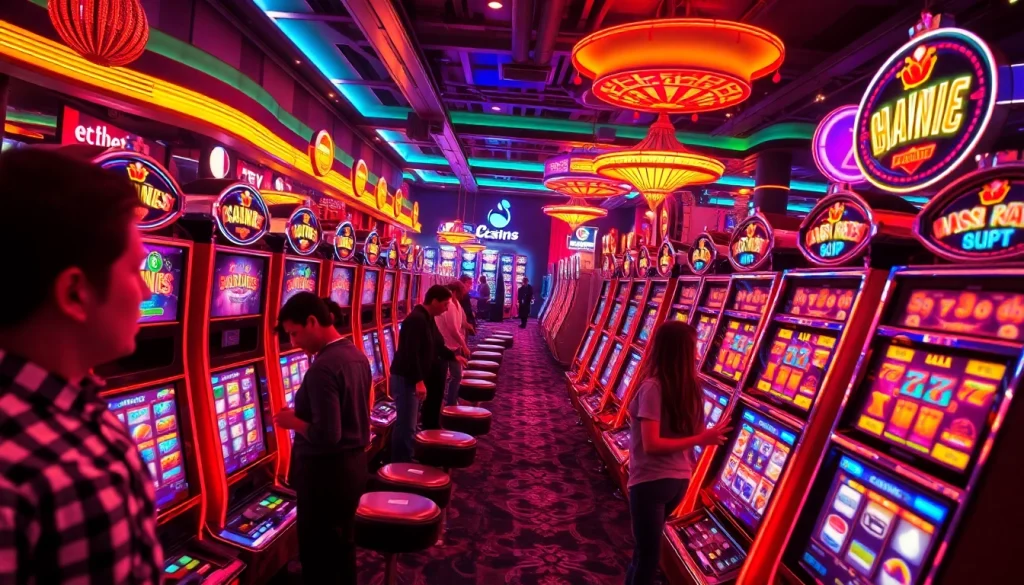 Tikislot daftar dengan mesin slot yang penuh warna dan pemain yang bersemangat.