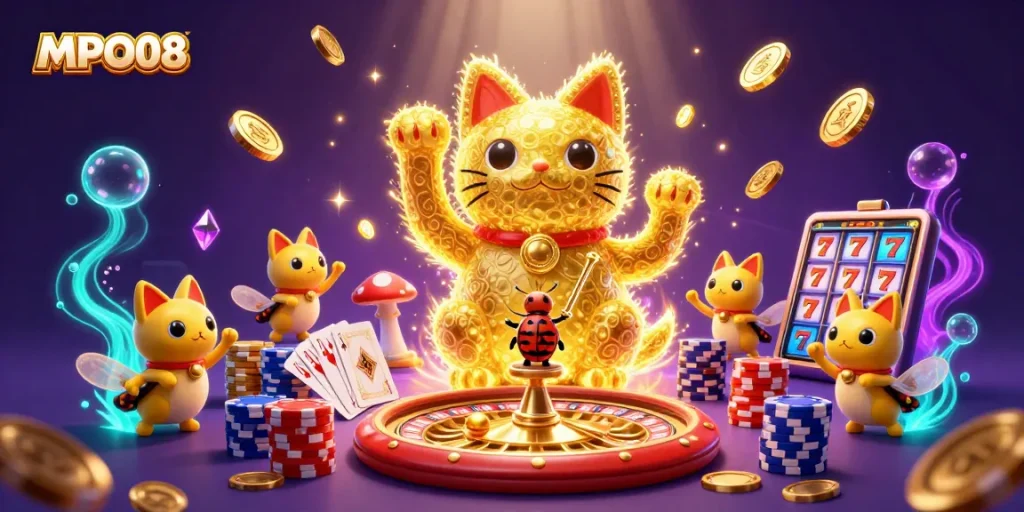 MPO08 offers exciting gameplay with a vibrant lucky cat and dynamic casino symbols in a visually stunning scene.