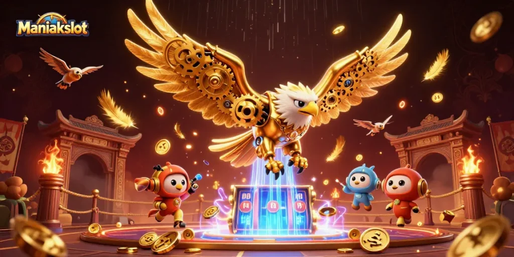 Spin the reels with Maniakslot's vibrant 3D casino scene featuring dynamic characters and neon effects.