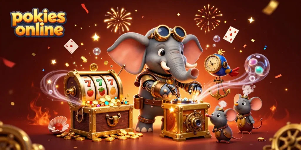 Play pokies online with engaging animated characters and vibrant casino elements.