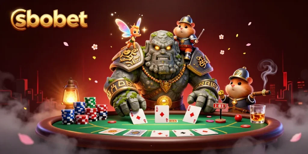 Experience sbobet gaming action with a magical golem, fairy, and hamster knight in dynamic poker atmosphere.